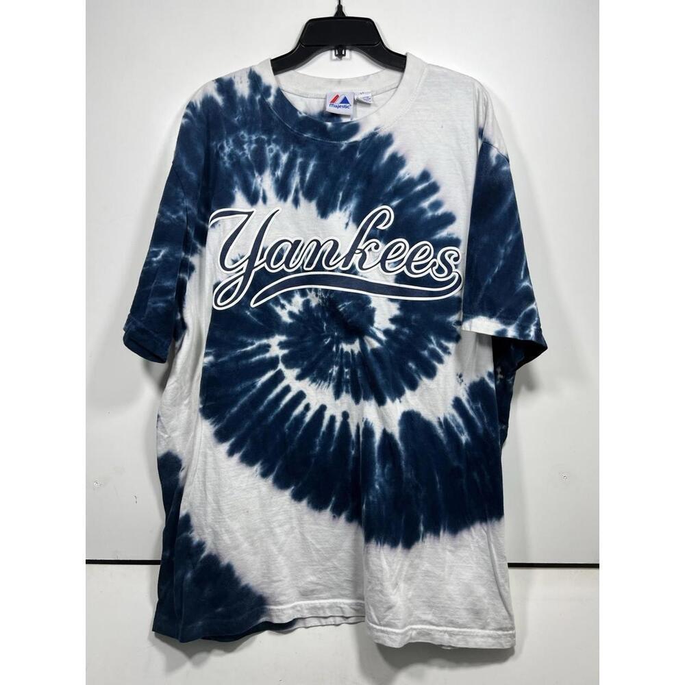 Vintage Y2K MLB New York Yankees Majestic Blue Tie Dye Sz LT Short Sleeve Shirt